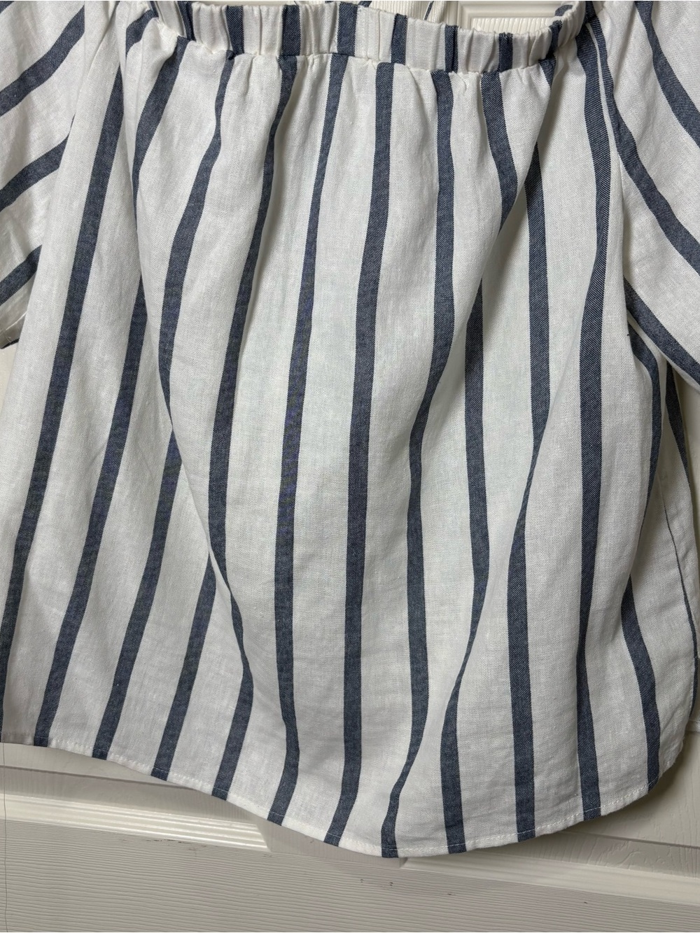 Vince Camuto Peasant Top Blouse Women Large Linen Blend Striped Off Shoulder - Picture 5 of 7